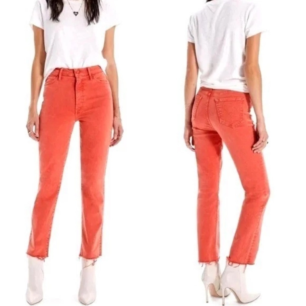 Mother - The Swooner Rascal Ankle Fray in Flame Scarlett orange color